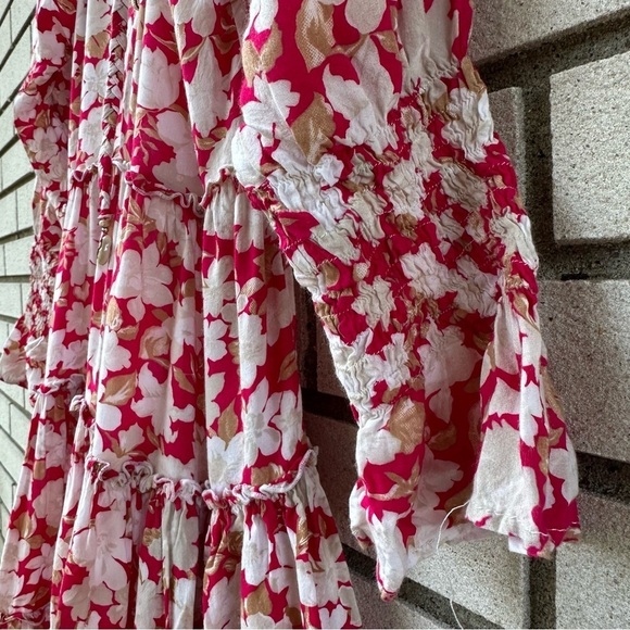 Barefoot Blonde Palm Beach Leilani Dress Pink White Floral Boho Tiered Rayon XS - Picture 7 of 15